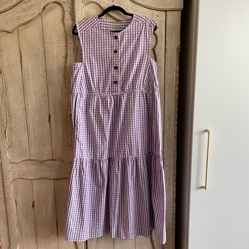 EVERLANE The Tiered Sleeveless Button Down Midi Dress Orchid Gingham Size Medium
